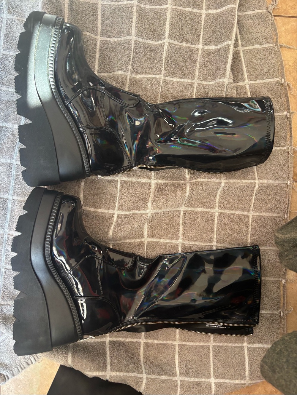 Demonia Shaker-65 Black Patent Platform Knee-High Boots